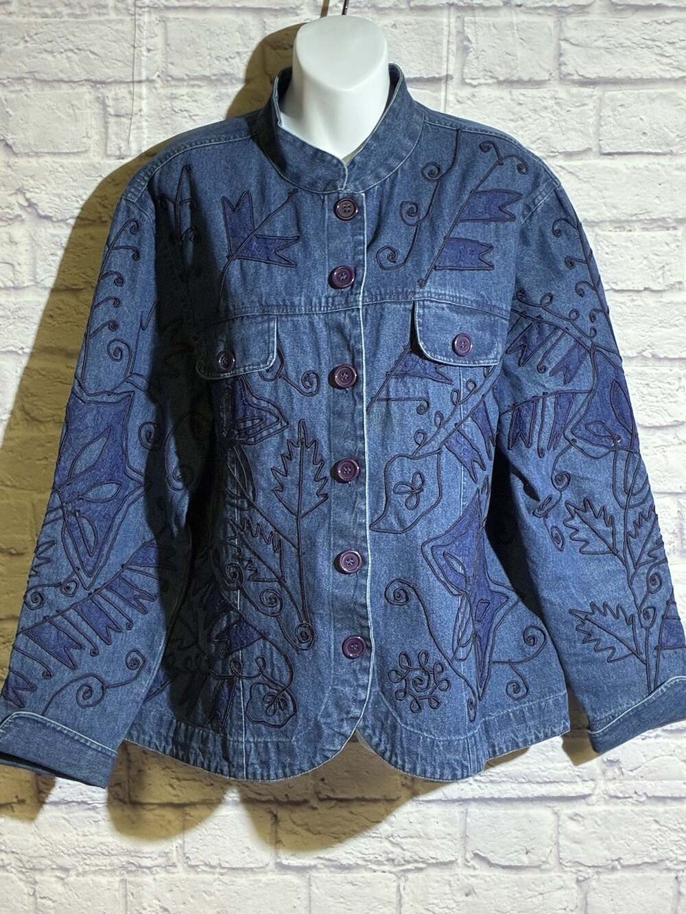 Vintage Dressbarn Embroidered Denim Jacket Womens 1X Blue Lace Mandarin Collar
